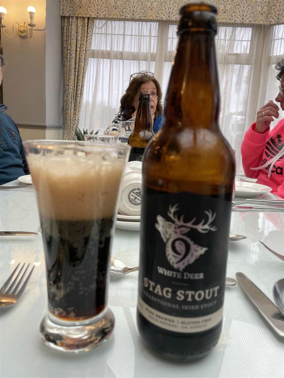 BALLYVOURNEY - een White Deer Stag Stout bier in het Abbey hotel waar we verbleven