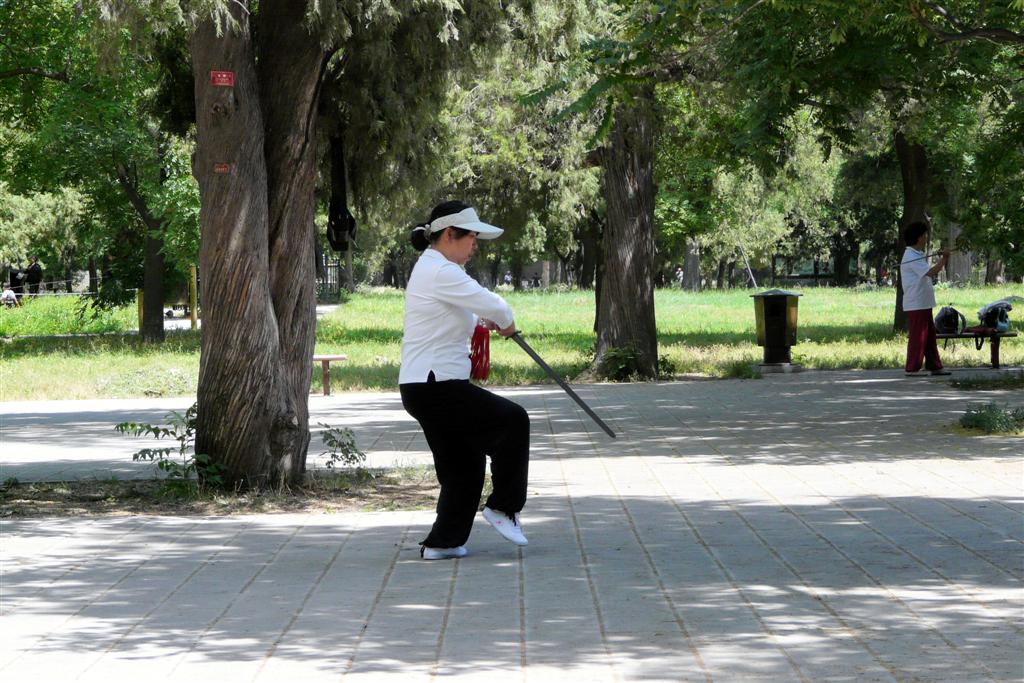 BEIJING - tai chi met zwaard in het park bij de tempel van de hemel
