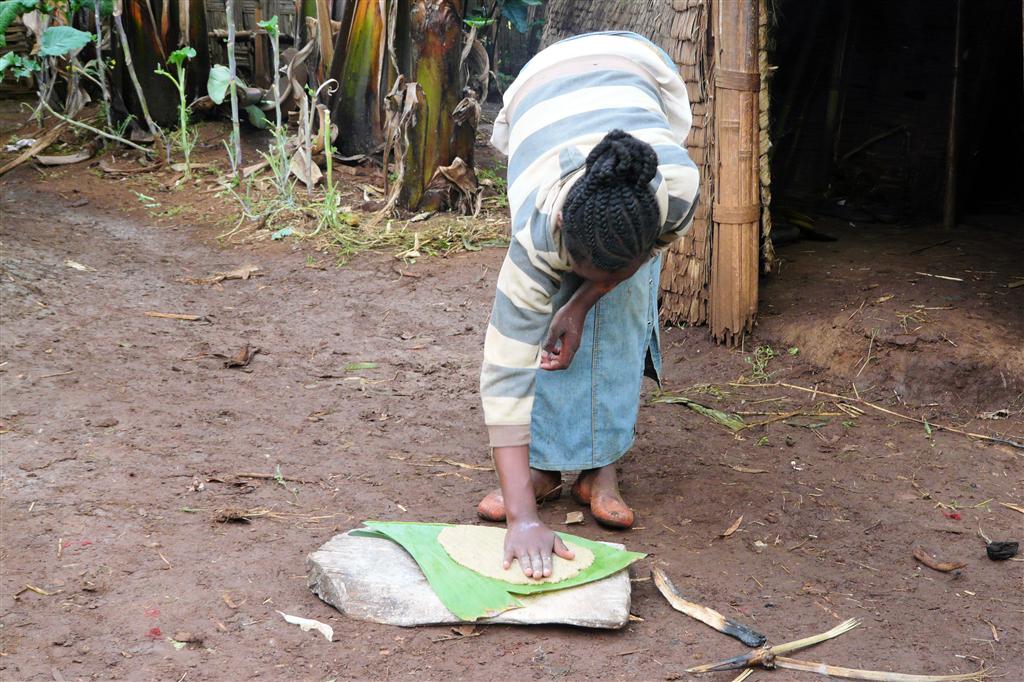 ARBA MINCH - de bananenblad vezels worden klaar gemaakt om te bakken om er kotcho (brood) van te maken bij de Dorze stam
