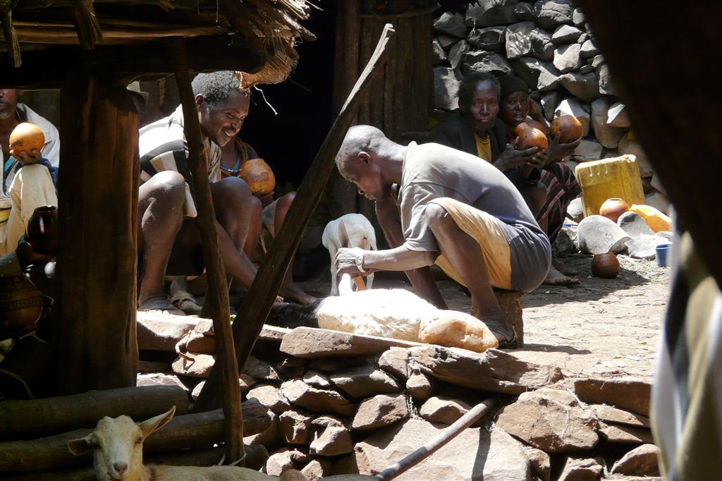ARBA MINCH -> JINKA - het slachten van een geit bij de Konso stam