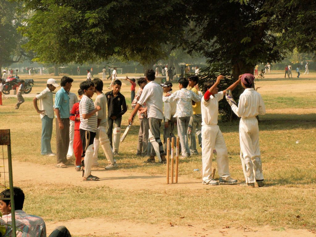 INDIA - DELHI - het spelen van cricket bij de India Gate