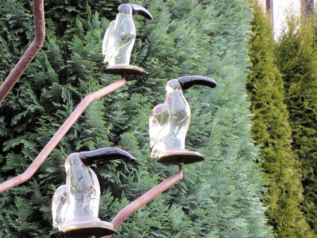 NOVY BOR - glazen toekans in een boom van ijzer bij de glasfabriek van Egermann