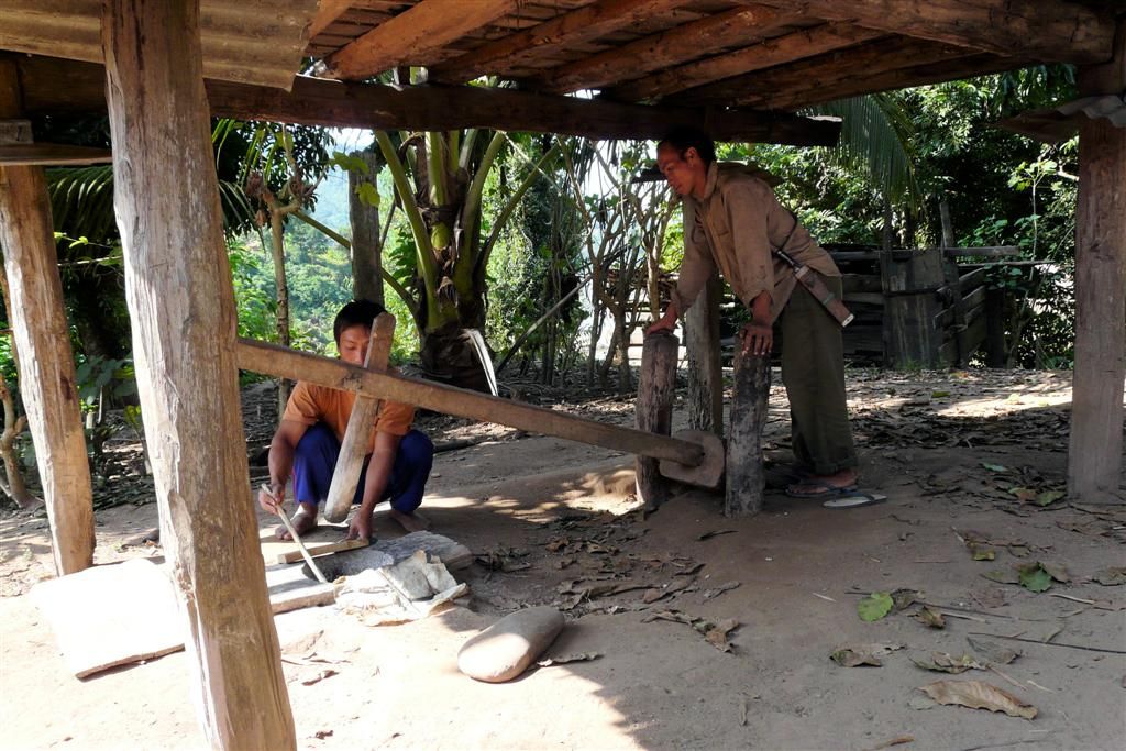 LAOS - PAK BENG -> LUANG PRABANG (stop bij een dorp) - zaden plet werktuig