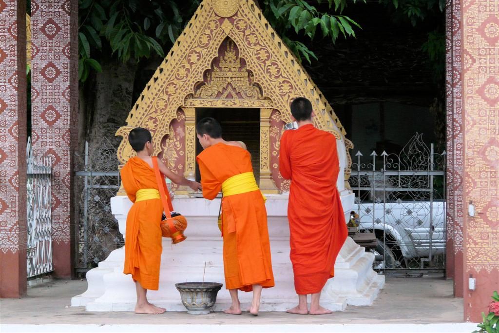 LAOS - LUANG PRABANG - monniken verdelen het ingezamelde eten