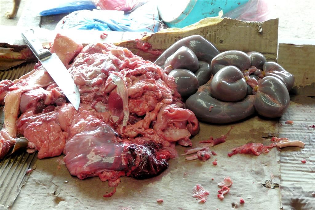 LAOS - PHONSOVAN -> VANG VIENG - ingewanden op de lokale markt