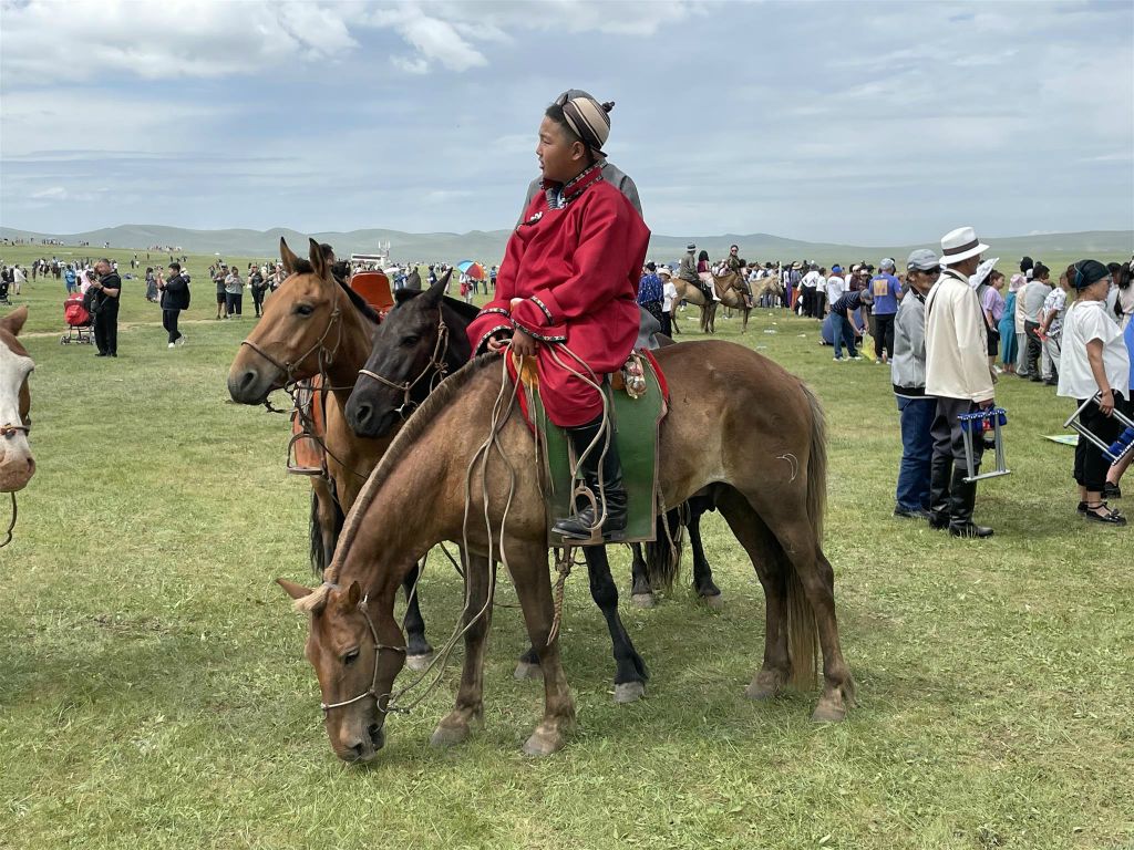 ULAANBAATAR - een Mongool op een paard tijdens de Naadam festival paardenrace