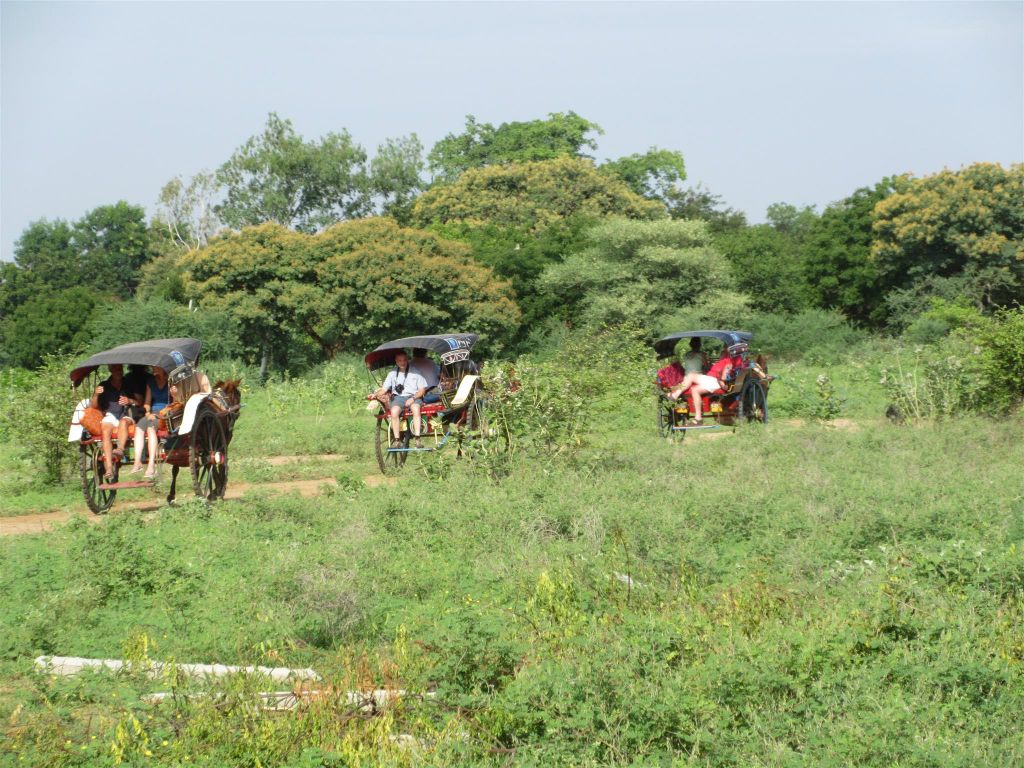 BAGAN - Carlos en groepsgenoten onderweg met paard en wagen door old Bagan