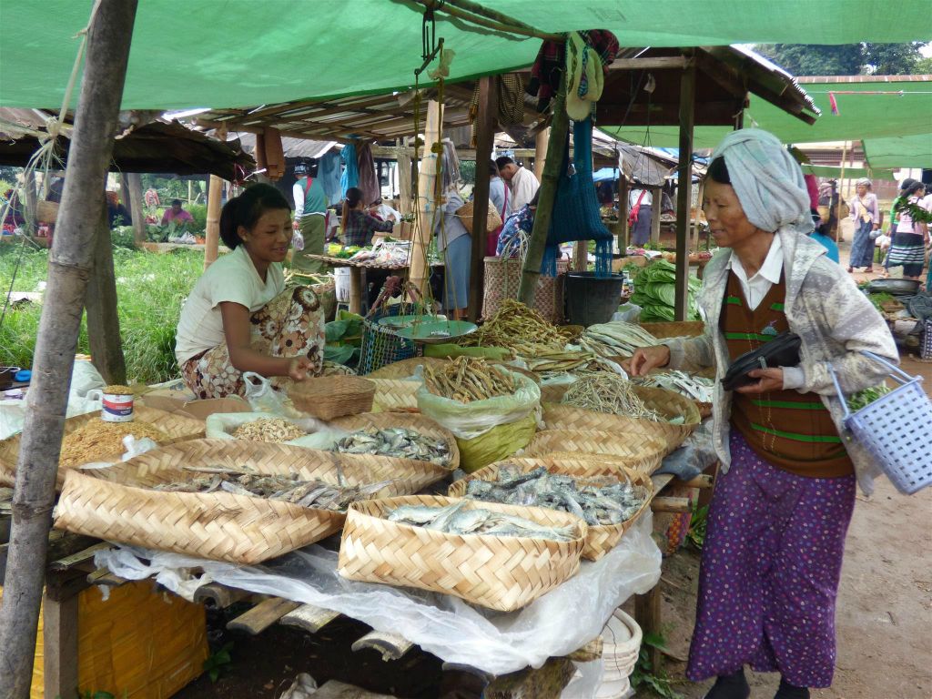 KALAW -> PINDAYA - een kraam met gedroogde vis op een lokale markt