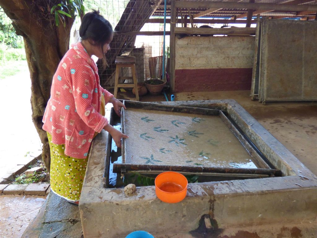 PINDAYA -> KALAW - een vrouw in een papieren paraplu werkplaats haalt langzaam het brouwsel wat papier wordt omhoog