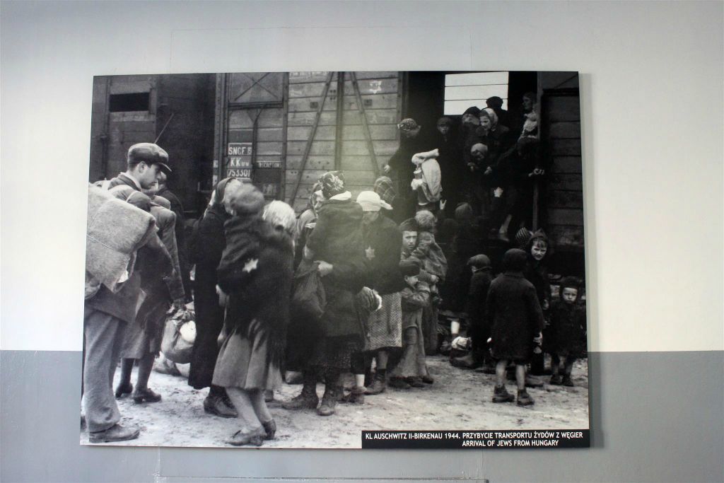 AUSCHWITZ - een foto van Hongaarse joodse mensen in een museum van Auschwitz I
