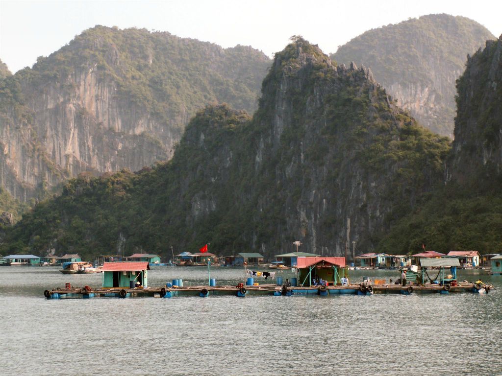 HALONG BAY - een aantal vissenkwekerijen op het water